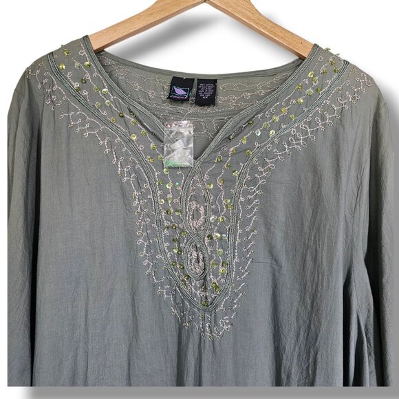 Junonia Tunic Top Size 4X Green Embroidered Cotton Sequins India Lightweight - Picture 5 of 11